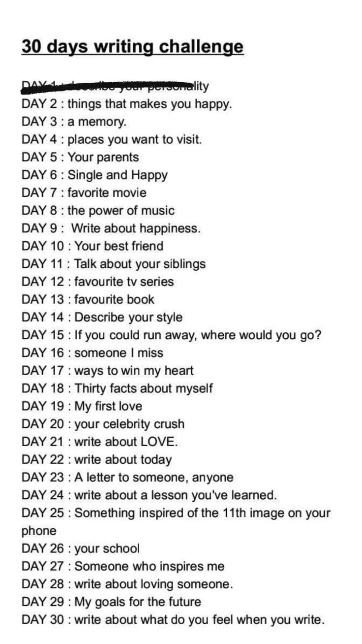 the 30 days writing challenge is shown in black and white