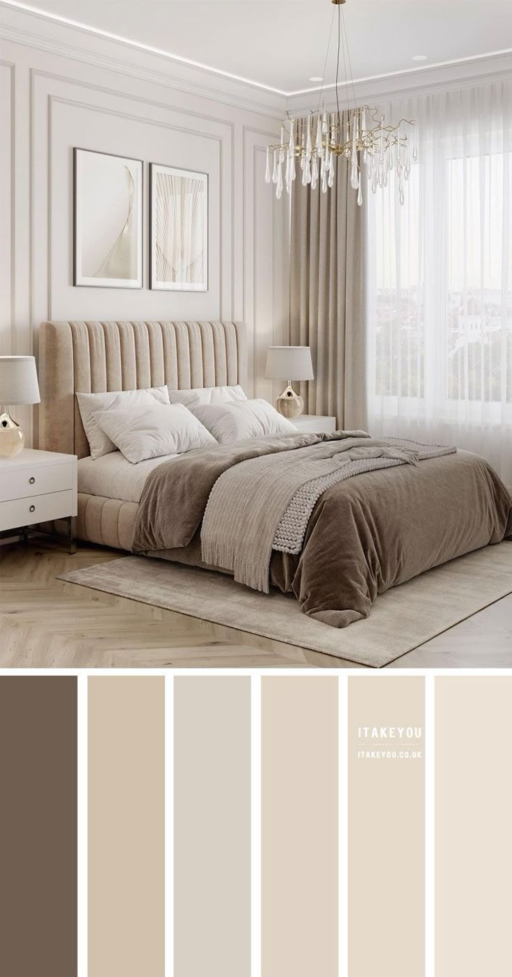 a bedroom color scheme with neutrals and whites in shades of brown, beige, and white