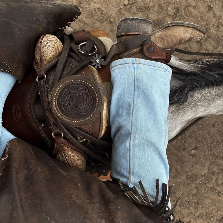 a cowboy's boot and boots are laying on the ground next to a horse