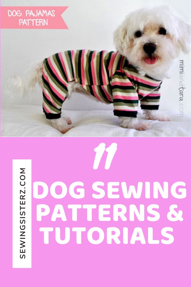 a white dog wearing a striped shirt with the text, 17 dog sewing patterns and tutors