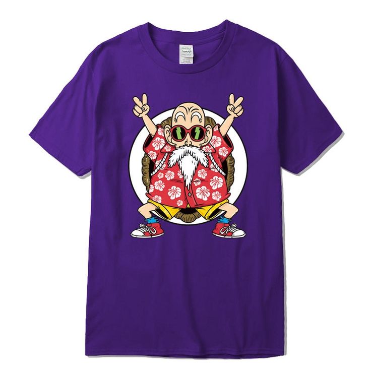 Muten Roshi Shirt - Urban Shoes Casual Anime Print T-shirt With Relaxed Fit, Anime Print Pop Culture Shirt For Fan Conventions, Casual T-shirt With Screen Print For Fan Gatherings, Anime Print Shirt For Fan Conventions, Anime Print Tops For Fan Conventions, Pop Culture Anime Print Shirt For Fan Conventions, Fandom Crew Neck Shirt For Fan Conventions, Purple Character Print Top For Streetwear, Relaxed Fit Character Print T-shirt For Fans