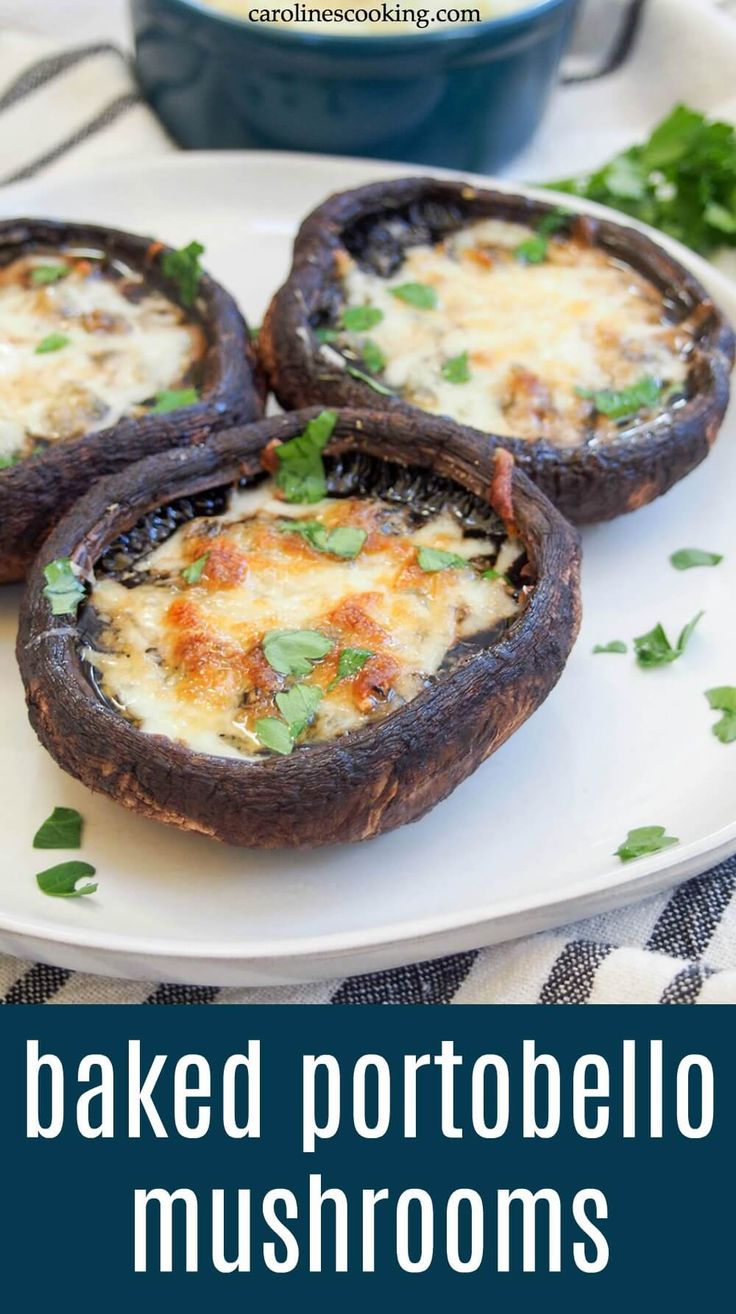 three stuffed mushrooms on a plate with parsley