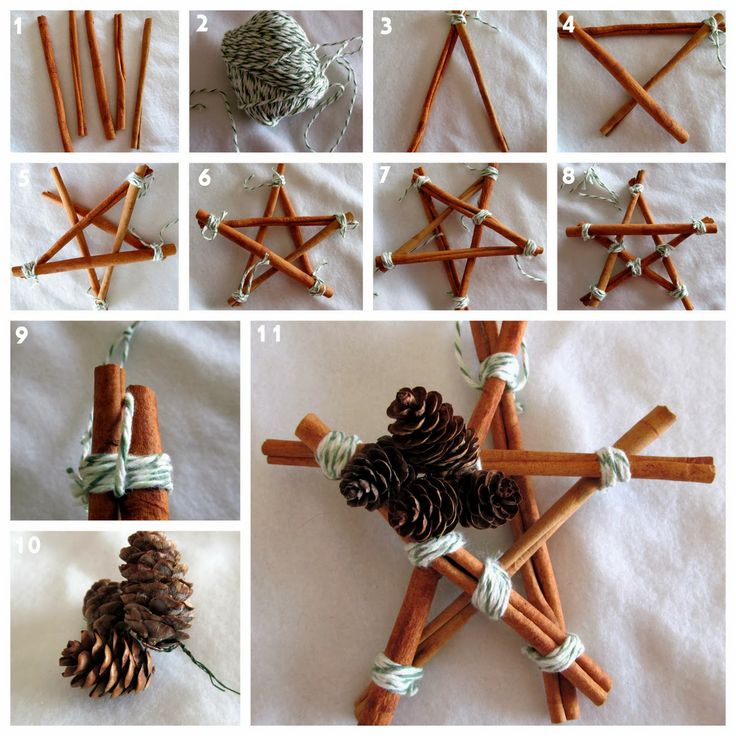 how to make a star ornament out of cinnamon sticks and twine with pine cones