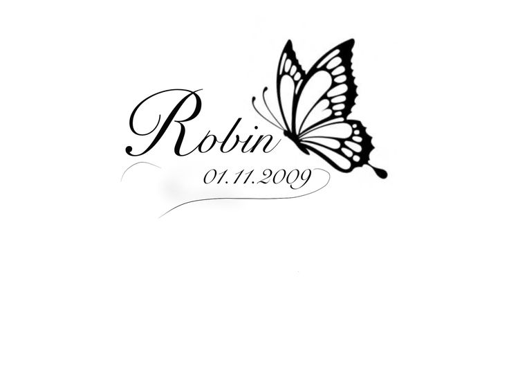 a black and white photo of a butterfly with the name robin on it's back