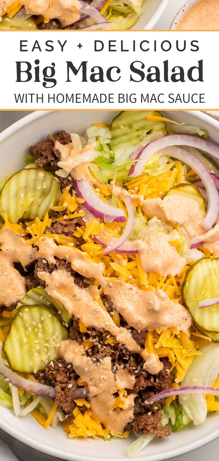 two white bowls filled with salad and dressing on top of each other, the bowl has meat