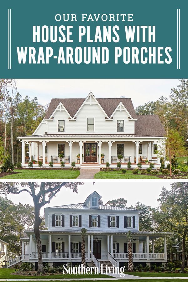 the front and back of a house with wraparound porches on each side, in white