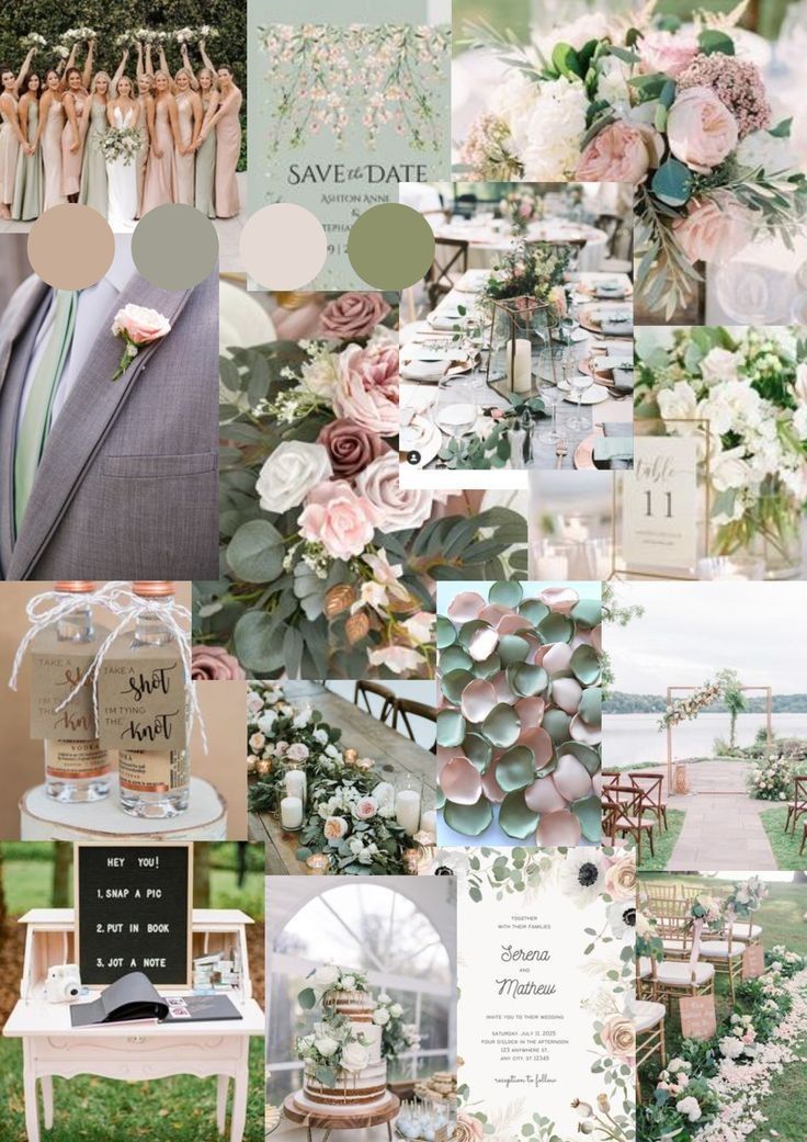 a collage of different wedding colors and details, including the bride's dress