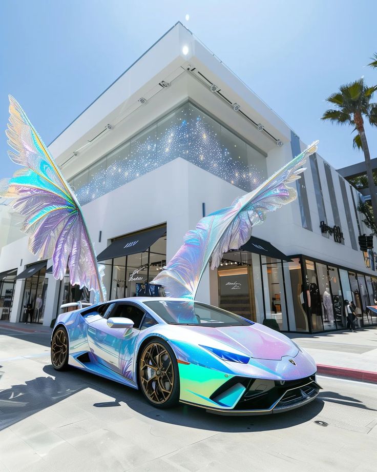 a car parked in front of a building with an angel wing on it's side