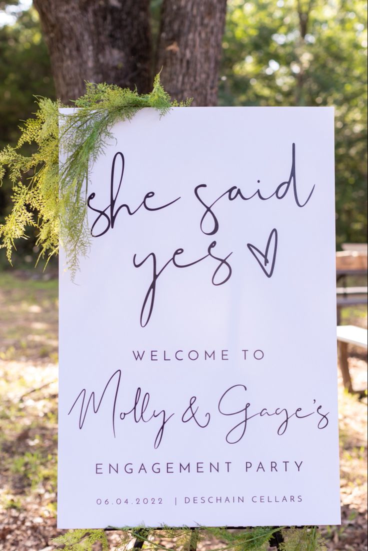 Engagement party, engagement sign, engagement decor, wedding sign, sign inspo, white & black sign, wedding, nature Engagement Party Venue Decorations, Engagement Themes Decor Outdoor, Homemade Engagement Decorations, Farm Engagement Party, Engagement Party Spring, Garden Engagement Party Decorations, Engagement Party Ideas Fall, Pastel Engagement Party, Engagement Party Garden