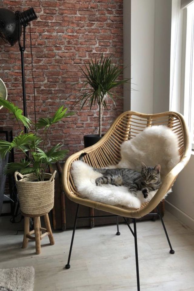 lifestyle chat deco fauteuil rotin plantes vertes mur en brique Rattan Chair Living Room, Grey Interior Doors, Balinese Decor, Minimalist Home Interior, Perfect Living Room, Rattan Furniture, Interior Design Bedroom, Minimalist Home, Doors Interior