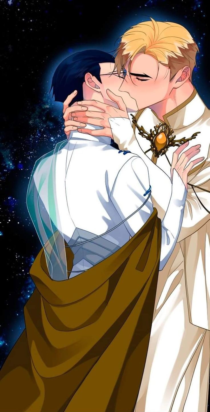 two people are kissing in front of the sky with stars and planets behind them, one person is wearing a white shirt