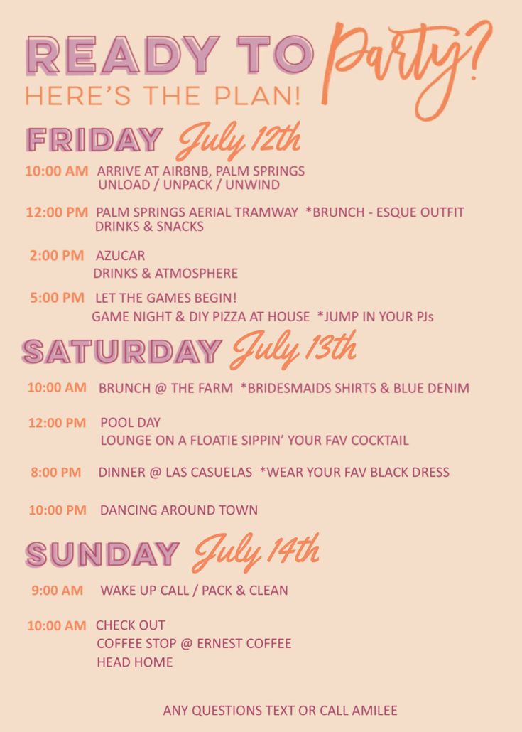 a pink and orange party poster with the words ready to party? here's the plan