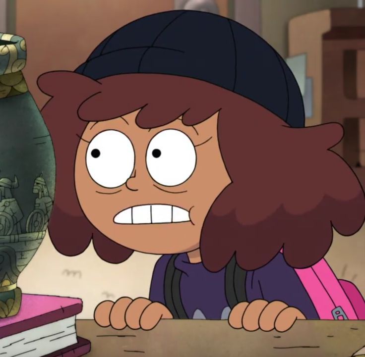 a cartoon girl looking at a vase with an evil look on it's face