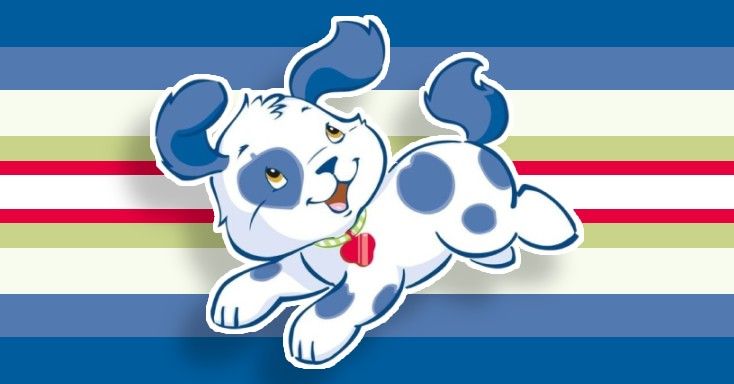 a blue and white striped background with a cartoon dog