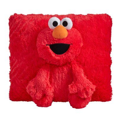 a red pillow with an elmo face on it