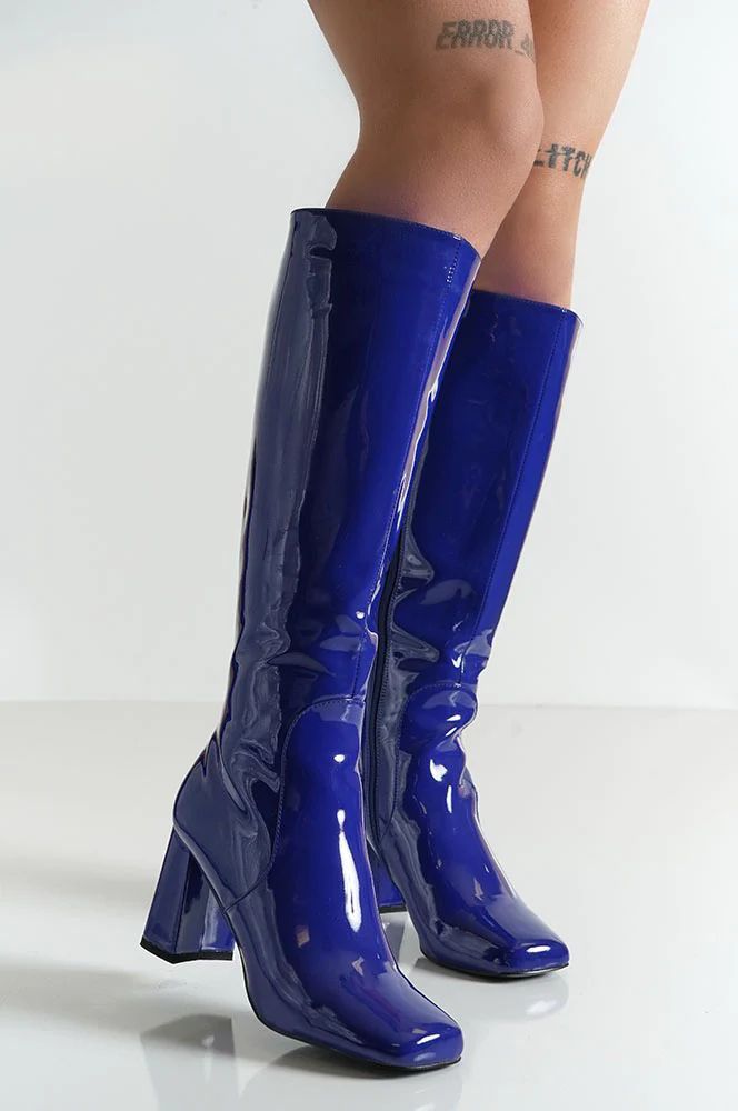 Hypnotize Calf Boot - Blue | Shop Noctex Mini Heels, Mini Dress Blue, Funky Shoes, High Fashion Outfits, Leather Block Heels, Calf Boots, Crazy Shoes, Dress Blue, Sock Shoes