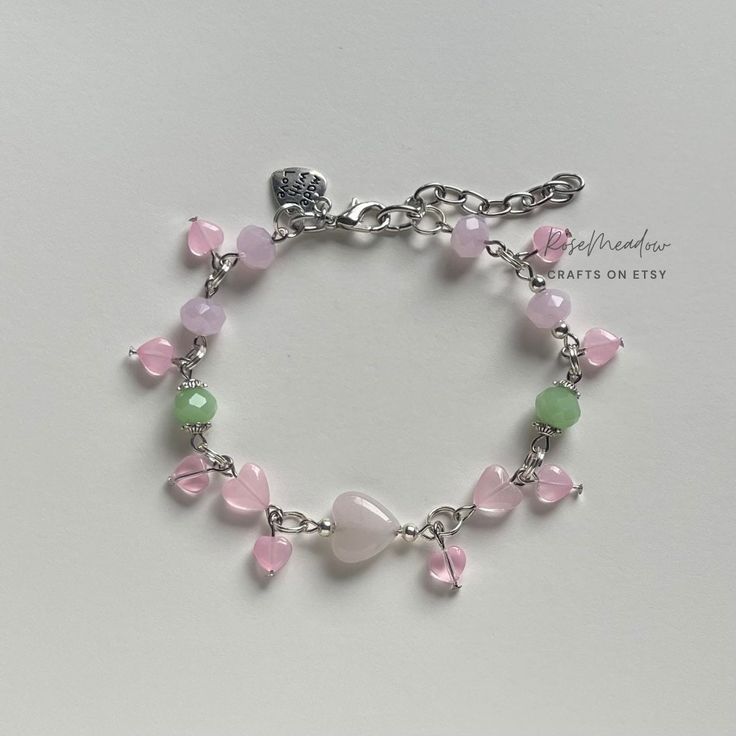 Trendy Pink Crystal Bracelet For Jewelry Making, Pink Heart Bracelet With Round Beads In Dainty Style, Adjustable Heart-shaped Pink Crystal Bracelet, Pink Dainty Heart Bracelet With Round Beads, Dainty Pink Heart Bracelet With Round Beads, Pink Heart Crystal Bracelet With Heart Beads, Pink Beaded Crystal Bracelet For Valentine's Day, Icy Pink, Gelang Manik-manik