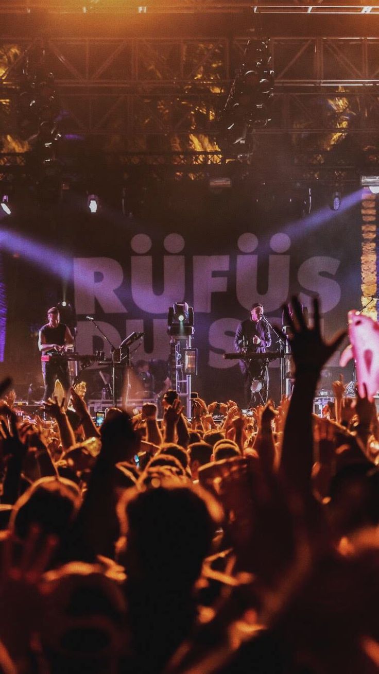 a large group of people at a concert with their hands up in front of the crowd