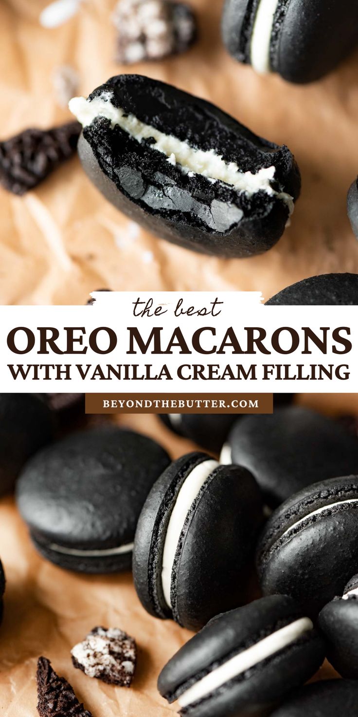 the best oreo macarons with vanilla cream filling are on top of each other