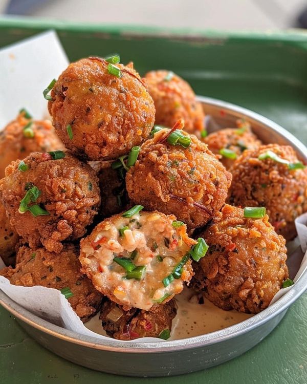 a metal bowl filled with fried food on top of a table