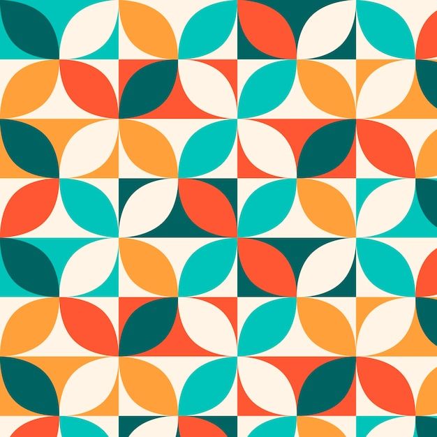 an abstract pattern with circles and leaves in orange, blue, green, and yellow