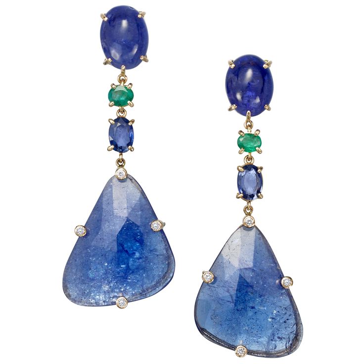 One-of-a-kind dangle earrings of fancy shaped tanzanite slices are topped with oval cabochon tanzanites, with faceted emeralds and blue sapphires, and diamond accents. Handcrafted in 18 karat rose gold. These luxurious blue and green earrings make an elegant statement, perfect for cocktails but also pretty worn casually. Tanzanites are so on trend right now. The vibrant colors in these beauties come alive with the soft rose gold setting. Tanzanite Diamond Earrings, Blue Gemstone Earrings, Exotic Jewelry, Gem Jewelry, Sparkly Jewelry, Blue Sapphire Diamond, Soft Rose, Drop Dangle Earrings, Green Earrings