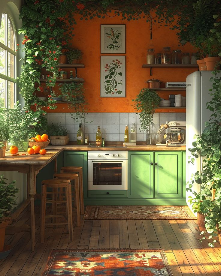 an orange kitchen with green cabinets and plants growing on the wall over the stove top