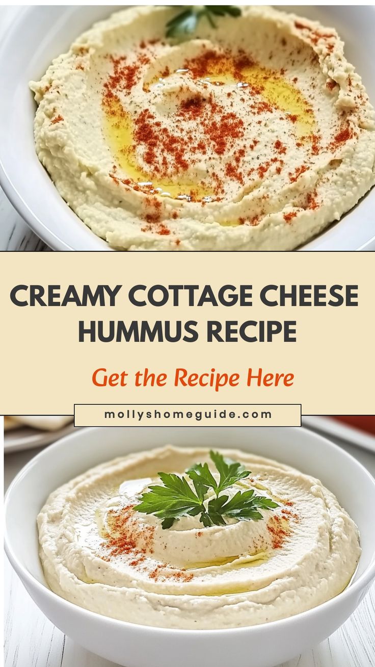 creamy cottage cheese hummus recipe with text overlay that reads, creamy cottage cheese hummus recipe get the recipe here