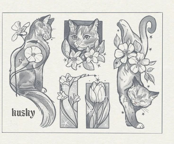 an ink drawing of cats and flowers with the word kusty written in it's center