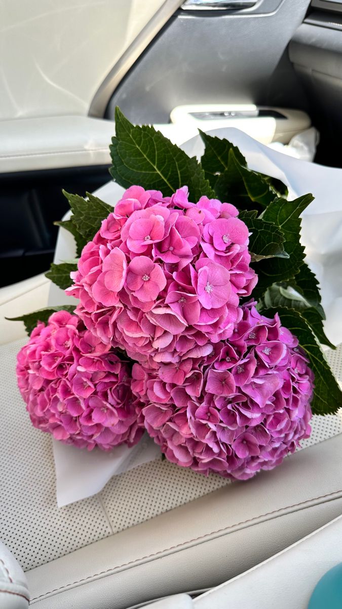 pink flowers are sitting on the dashboard of a car