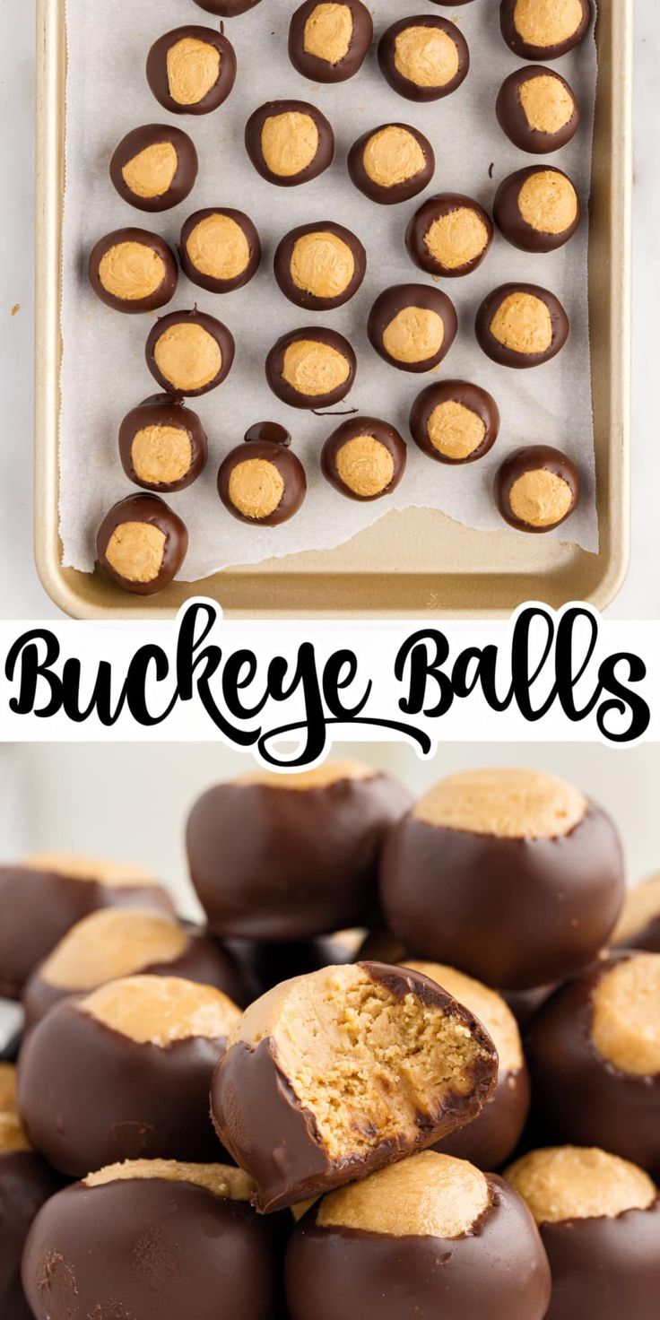 chocolate covered peanut butter balls are stacked on top of each other with the words buckeye balls above them