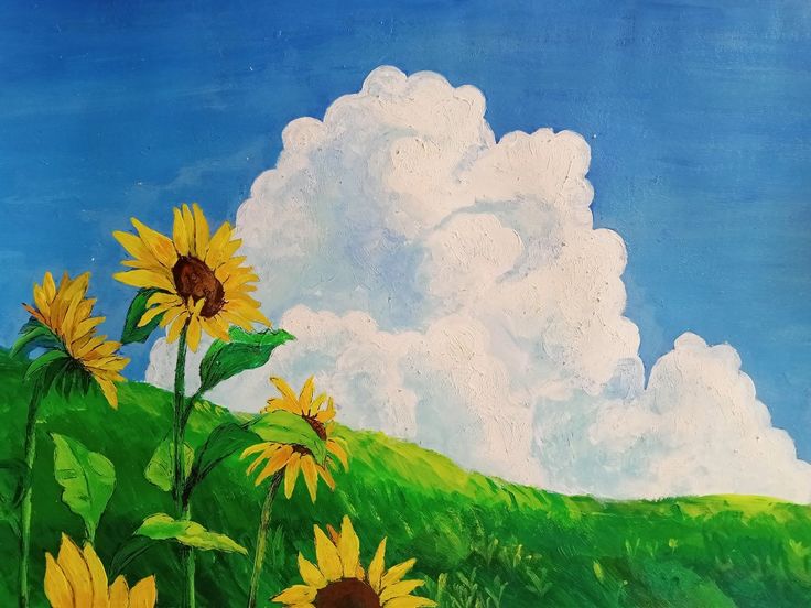 a painting of sunflowers in a green field