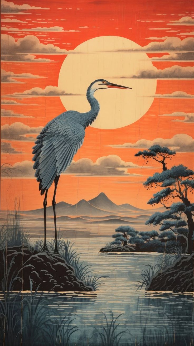 a painting of a crane standing in the water at sunset with mountains and trees behind it