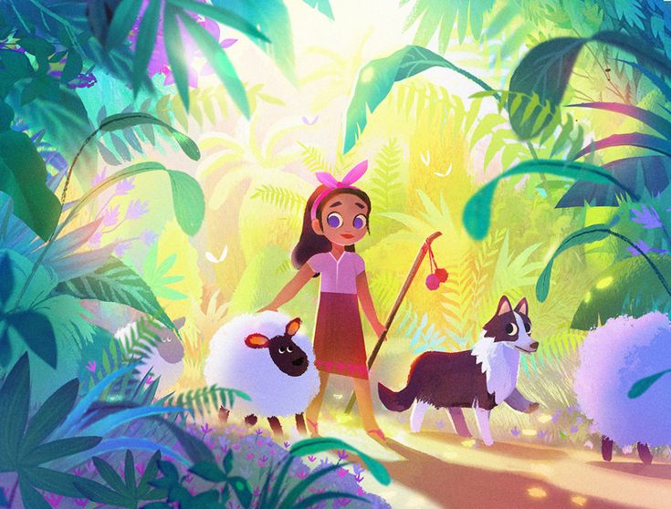 a girl is walking with two dogs in the jungle, and she's holding a stick