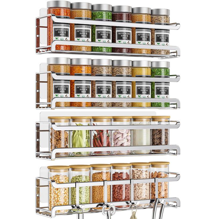 an organized spice rack is shown with spices and seasonings on the bottom tiers