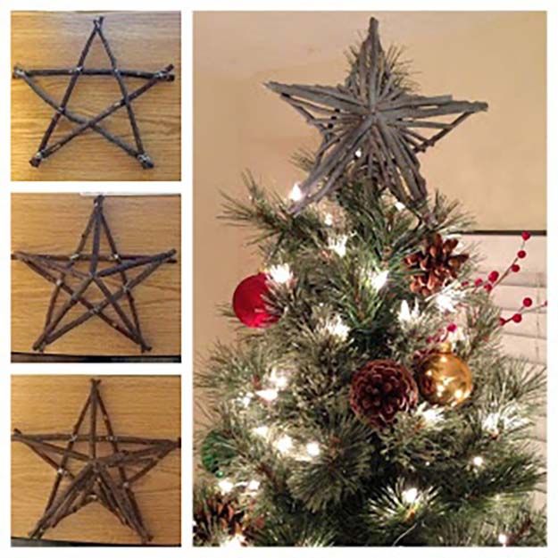 the star is hanging on the wall next to the christmas tree, and it's made out of wood