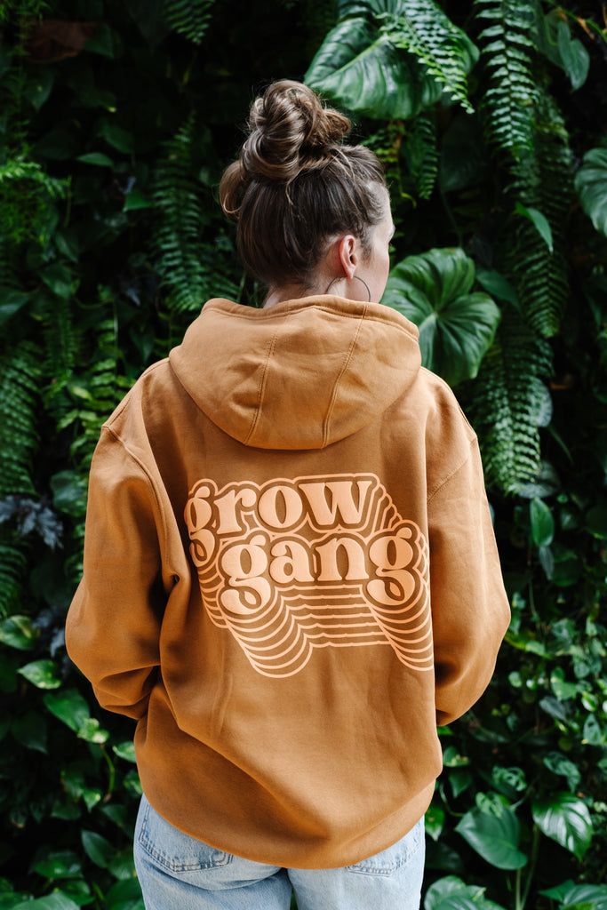 Grow Gang Puff Print Hoodie in Camel   Electric Peach Puff Print Hoodie, Hoodie Design Ideas, Plant Party, Peach Puff, Puff Print, Camel Color, Crew Sweatshirts, Confidence Building, Print Hoodie