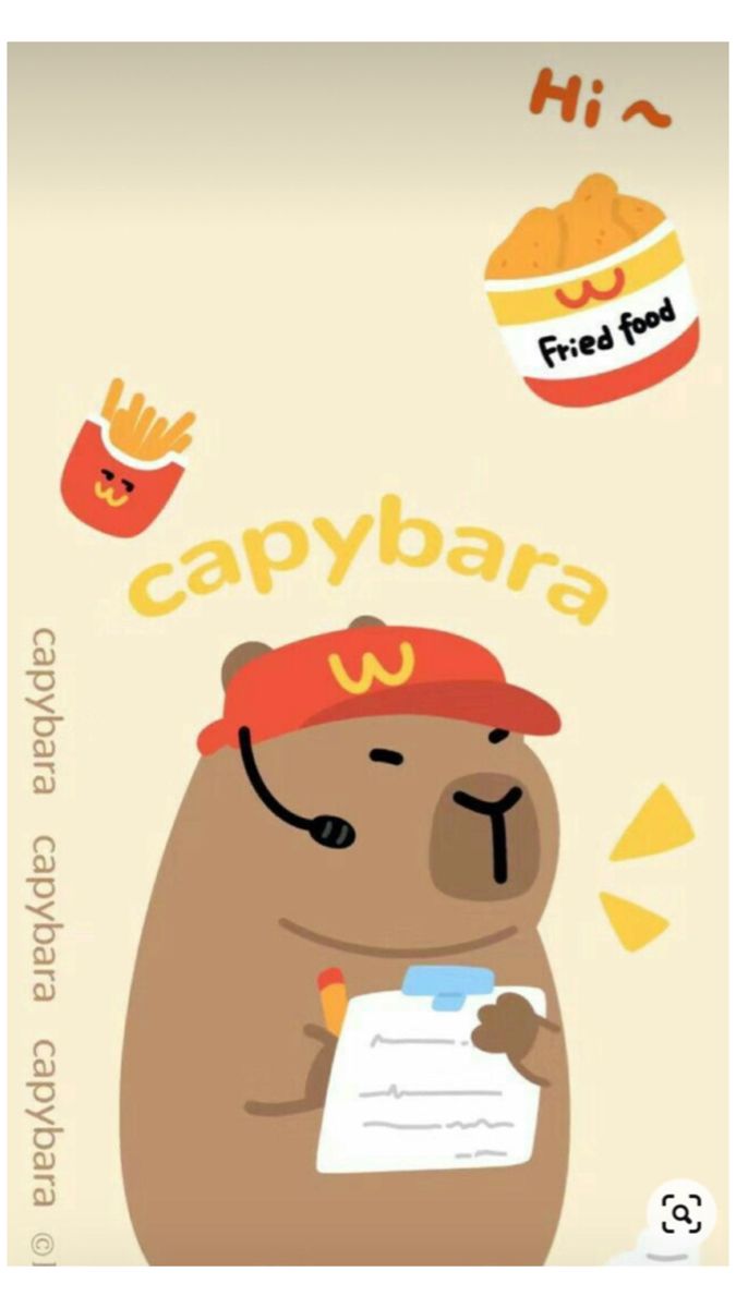 a cartoon bear holding a piece of paper with the caption capybara written on it