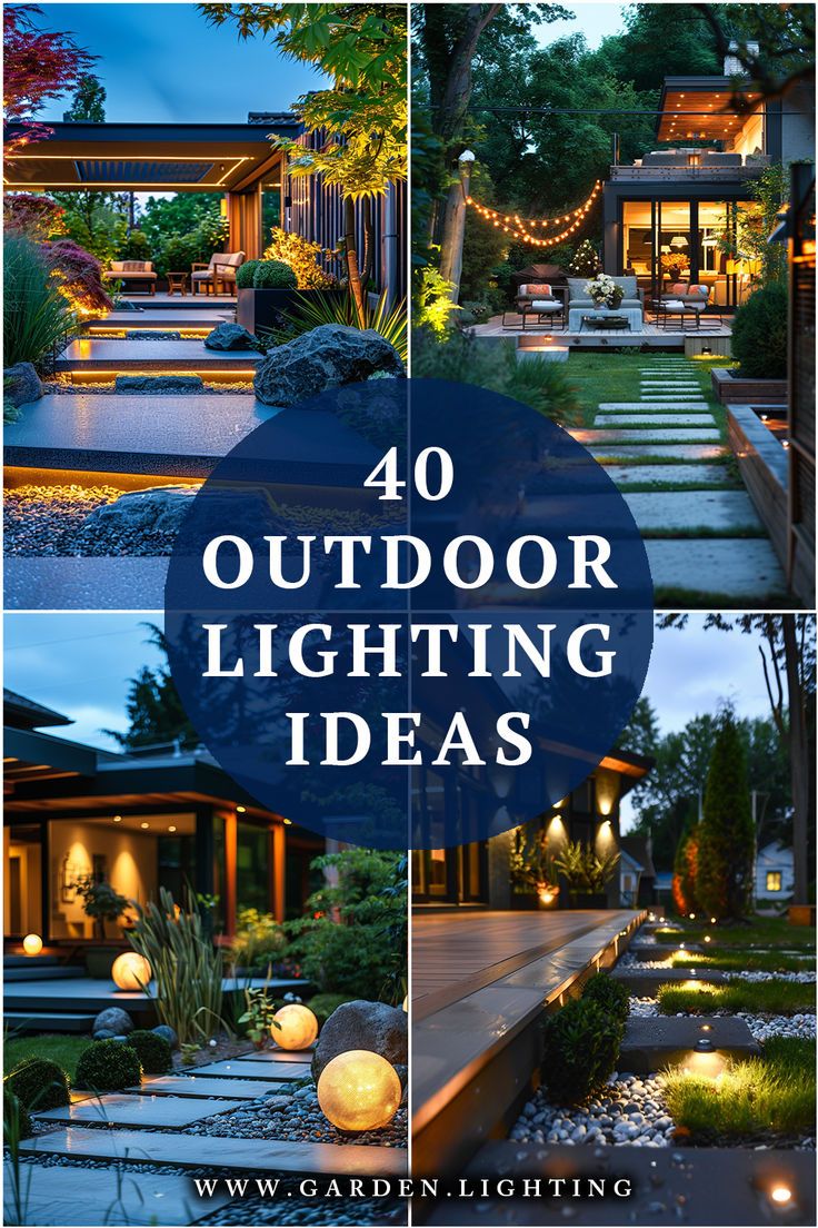 a collage of photos of outdoor lighting ideas Outdoor Front Yard Lighting Ideas, Outdoor Driveway Lighting Ideas, Lighting For Outdoor Patio, Outdoor Garden Lights Ideas, Pool Landscaping Lighting Ideas, Lighting For Decks And Patios, Backyard Outdoor Lighting, Outdoor Yard Lighting Ideas, Patio Led Strip Lighting Ideas