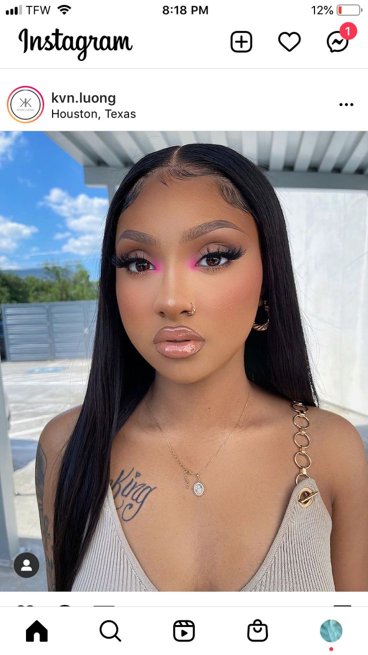 Pink Eye Looks Black Women, Natural Face Makeup Look, Simple Makeup Looks For Birthday, Baddie Birthday Makeup Looks, Natural Birthday Makeup Looks, Pink Baddie Makeup Looks, Nicki Minaj Concert Makeup Looks, Simple Pink Makeup Looks Black Women, Pink Bday Makeup