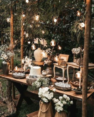 an outdoor dinner table is set up with candles and flowers on the table, surrounded by greenery