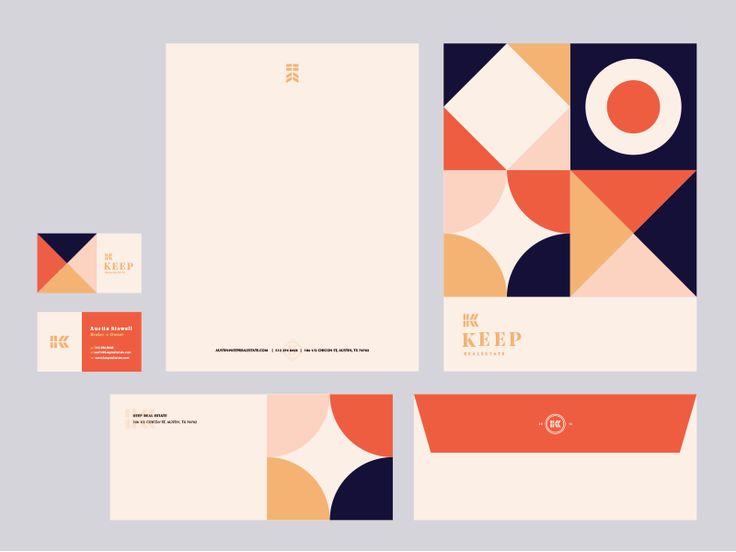 the stationery is designed with geometric shapes and colors, as well as an envelope