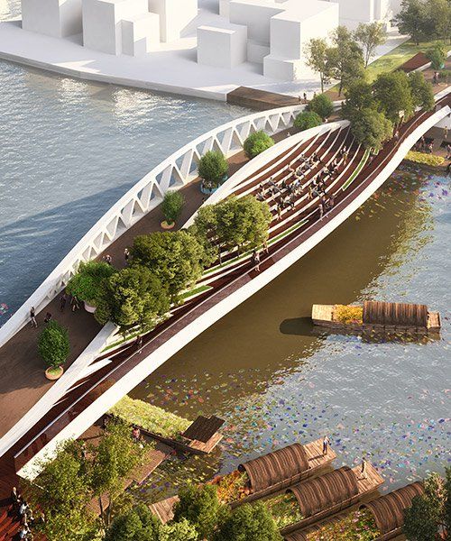 an artist's rendering of a bridge over water with boats on the riverbank