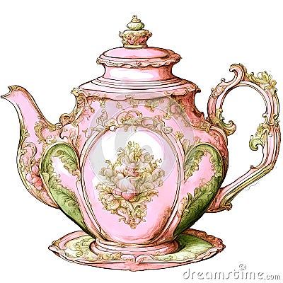 an antique pink teapot with flowers on the front and side, sitting on a saucer