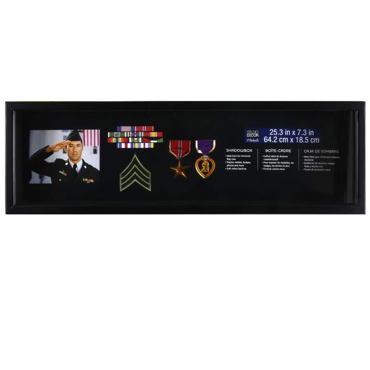 "Elegant shadow box is perfect for displaying metals, ribbons, photos and awards beneath a flag case. It can be used as a tabletop display or hangers are attached for easy wall mounting. This elegant shawdow box is perfect for displaying medals, ribbons, photos and awards beneath a flag case. The back is removeable for easy access and is covered with soft velour. It can be used as a tabletop display or hangers are attached for easy wall mounting. Details: Black 7.2\" x 25.2\" (64cm x 18.3cm) 2.2 Displaying Medals, Military Ribbons, Military Shadow Box, Flag Display Case, Best Flags, Flag Display, Framed Flag, Medal Display, Tabletop Display