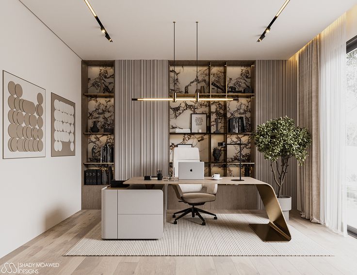 an office with a desk and chair in the center, along with a wall - to - wall bookcase