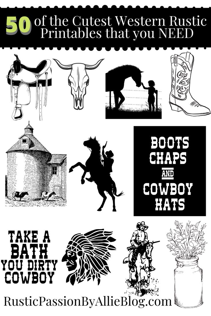 an advertisement for boots and cowboy hats with the words 50 of the cutest western rustic print