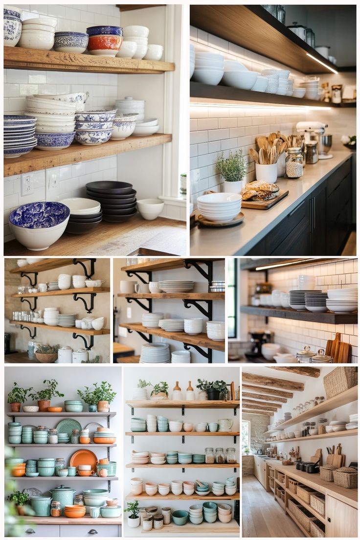 the shelves in this kitchen are filled with dishes