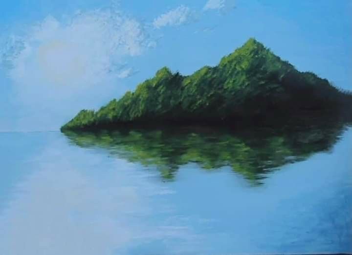 an oil painting of a small island in the middle of water with trees on it