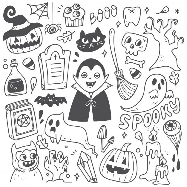 black and white halloween doodles with ghost, pumpkins, bats, skulls, cats